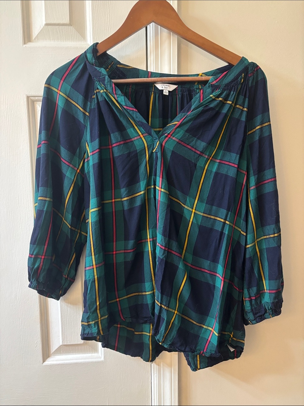 crown & ivy Navy Plaid Peasant Blouse with Green, Yellow and Pink Accents